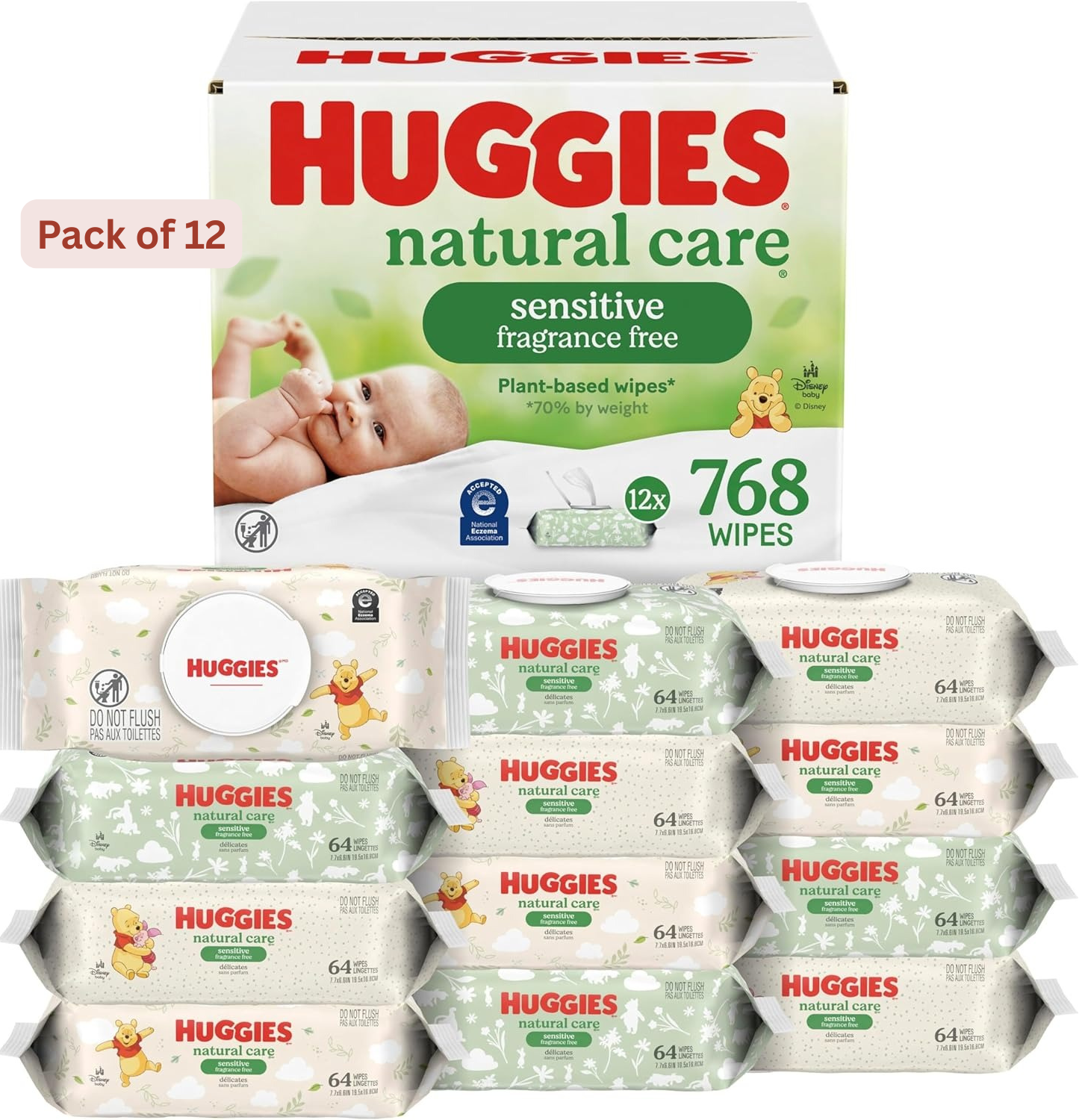 Pack of 12 Huggies Natural Care Sensitive Baby Wipes, 12 Flip-Top Packs (768 Wipes)