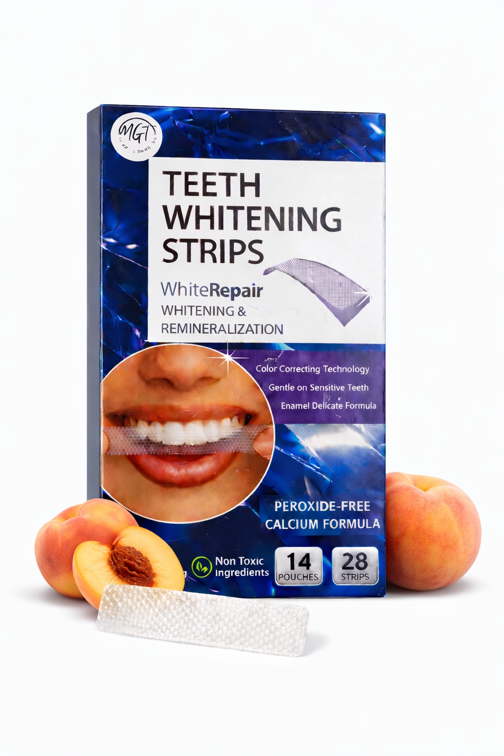 IMG-20260313-WA0005.jpg MGT Peach Peroxide-Free Teeth Whitening Strips with Color-Correcting Technology, 14 Pouches and 28 Whitening Strips