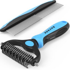 Blue Pet Grooming Combo with Deshedding Brush and Metal Comb for Dogs and Cats